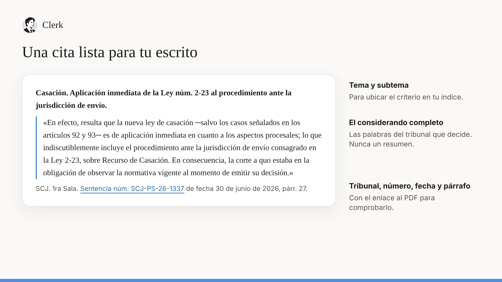 Las partes de una cita en el formato dominicano. La cita de la sentencia SCJ-PS-26-1337 con sus partes señaladas: tema y subtema, el considerando completo, y tribunal, número, fecha y párrafo con el enlace al PDF.