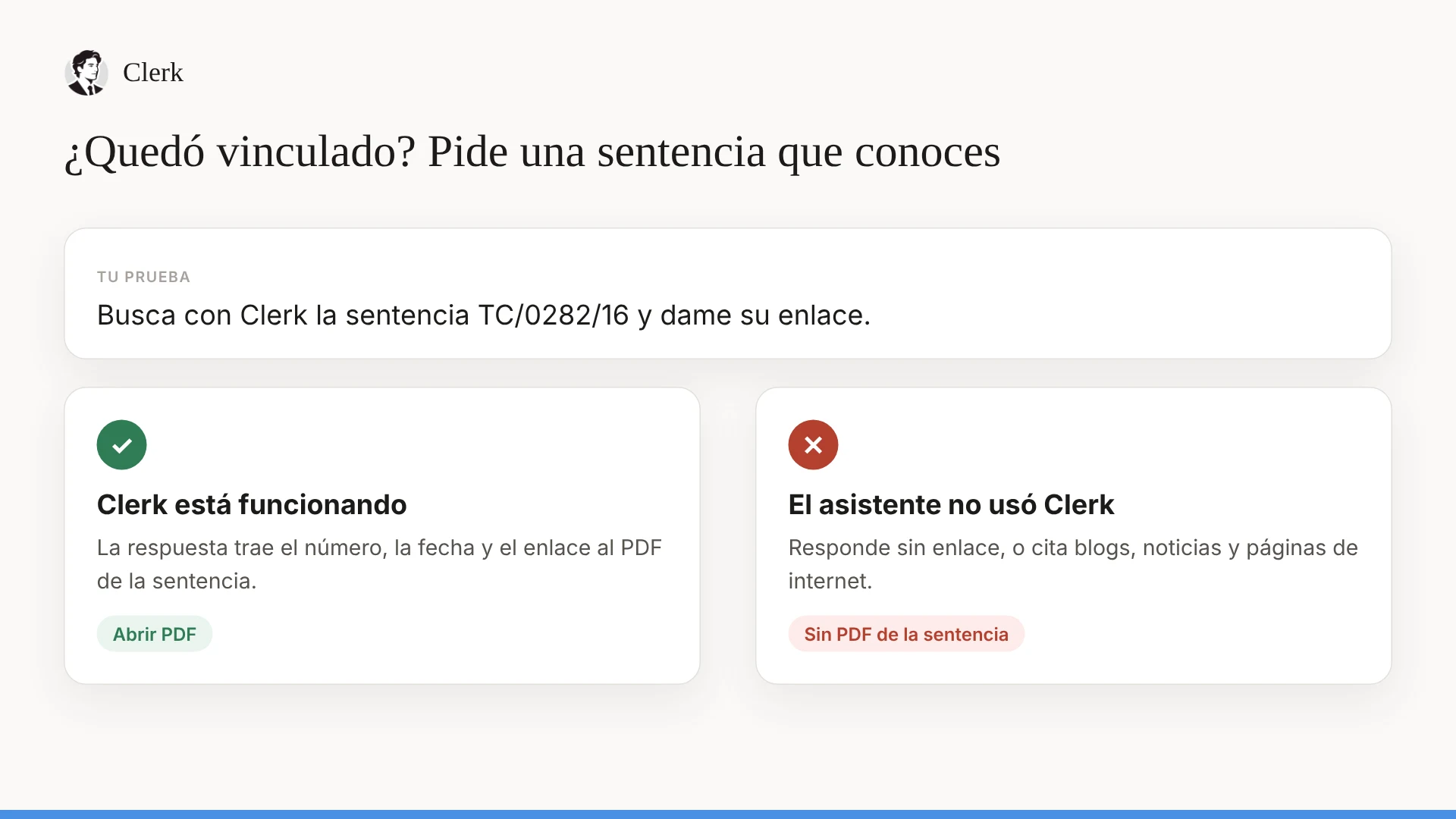 La prueba toma un minuto. El enlace al PDF dice si Clerk respondió. Gráfico de la prueba de vinculación. Arriba, la petición «Busca con Clerk la sentencia TC/0282/16 y dame su enlace». Debajo, dos resultados: con enlace al PDF, Clerk está funcionando; sin enlace o con páginas de internet, el asistente no usó Clerk.
